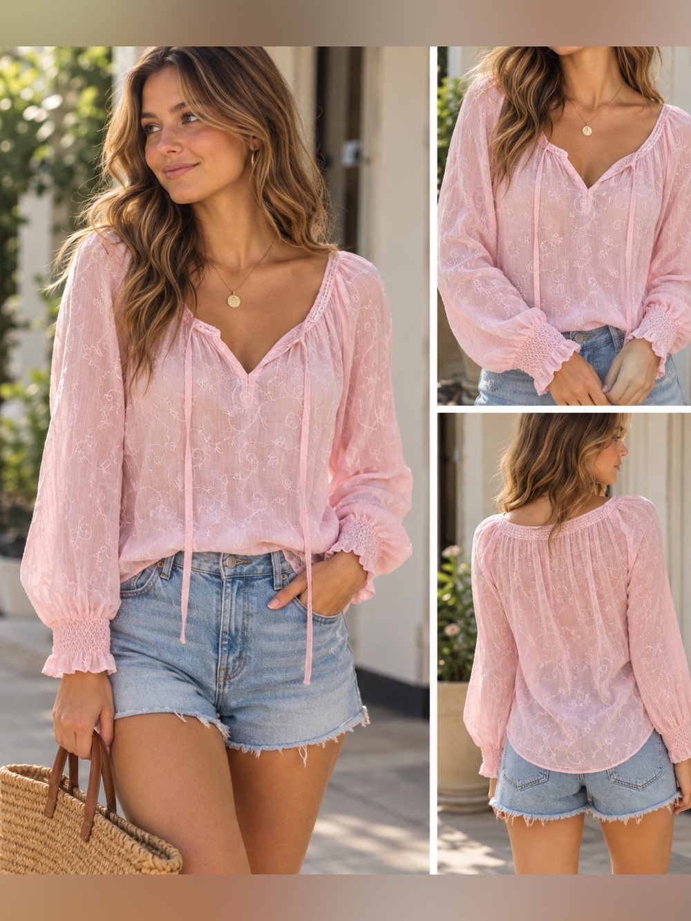 Ralph Lauren Pink Embroidered Peasant Blouse Size S Boho Long Sleeve